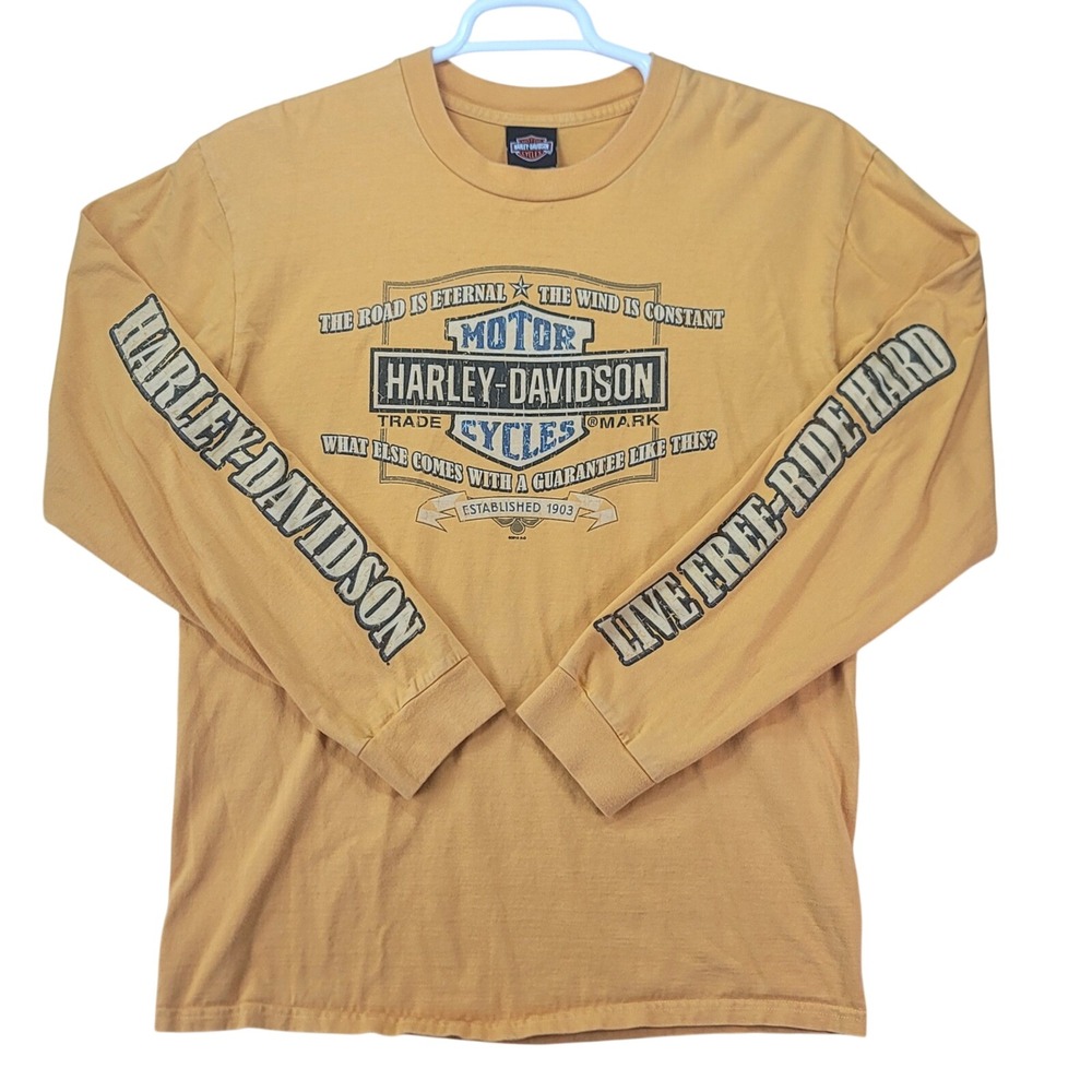 Vintage Harley-Davidson Mens L Long Sleeve T-Shirt Yellow USA Mancuso Houston TX